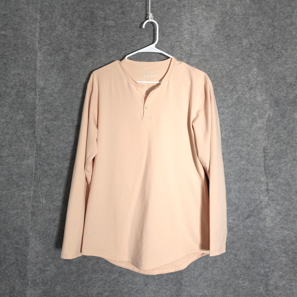 BYLT Basics Drop Cut Henley Mens Small Satin Pink‎ Long Sleeve LUX Shirt XDCLS